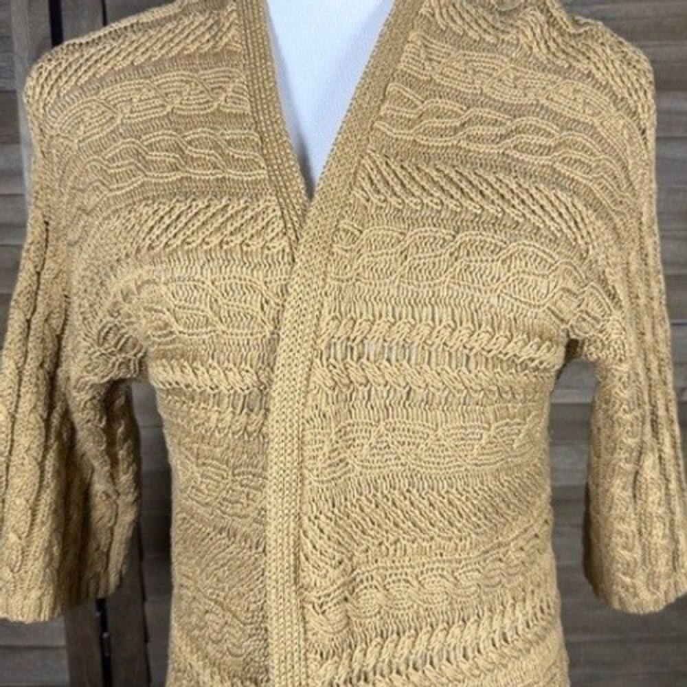 Chicos 2 Large Tan Cotton Cable Knit Open Front Longline Duster Cardigan Sweater - Picture 3 of 8